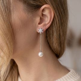 Asymmetric Snowflake & Pearl Drop Earrings