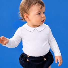 Baby Boy Collared Outfit – White Bamboo Bodysuit + Navy Corduroy Shorts