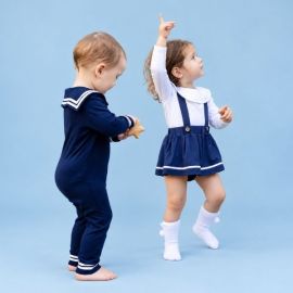 Baby Girl Sailor Outfit Set – Bamboo Magnetic Bodysuit + Navy Skirt