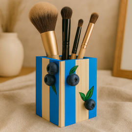 Hand-Painted Wooden Pen & Brush Holder – Blueberry Design