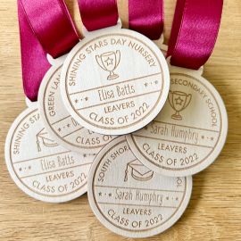 Personalised Wooden School Leavers Medal – Graduation Keepsake with Ribbon