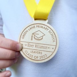 Personalised Wooden School Leavers Medal – Graduation Keepsake with Ribbon