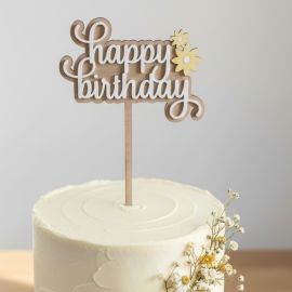 Birch & Acrylic Daisy "Happy Birthday" Cake Topper