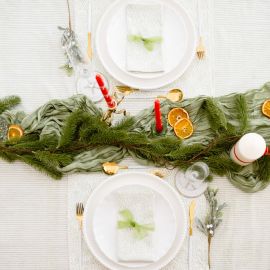 Marlborough Striped Tablecloth in Eucalyptus