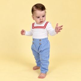 White & Blue Baby Sailor Outfit – Bamboo Bodysuit + Corduroy Pants